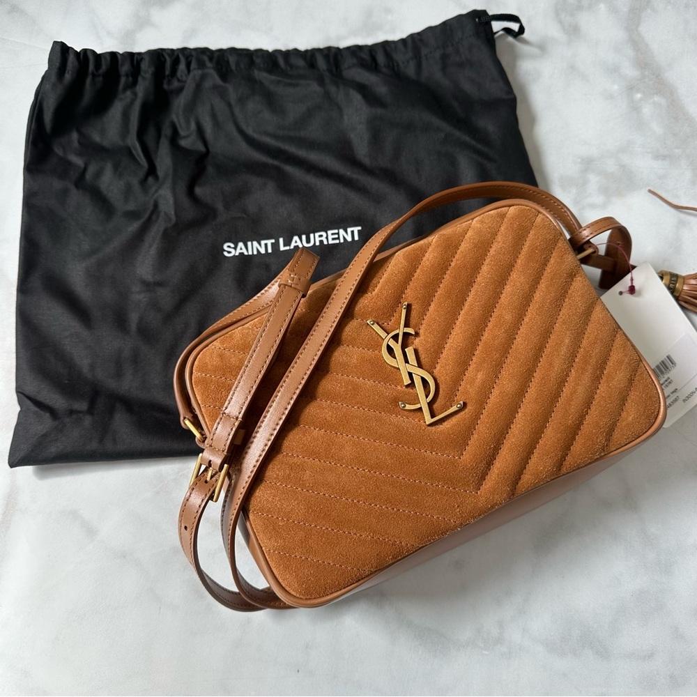 NWT YSL Saint Laurent Lou Quilted Suede Matelasse Camera Bag Brown
